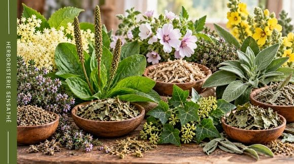 Plantes antitussives naturelles fraîches et séchées utilisées en herboristerie pour apaiser la toux - Herboristerie Sensathé